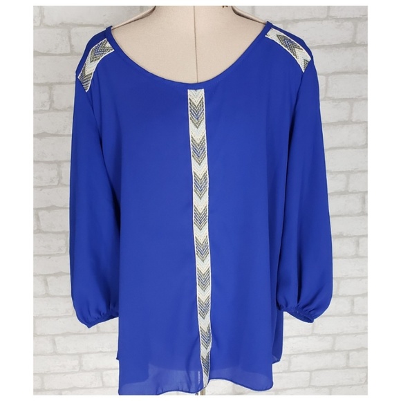 💥Must Bundle💥 Bella D Blue 3/4 Sleeve Cutout Blouse Large - Picture 4 of 6